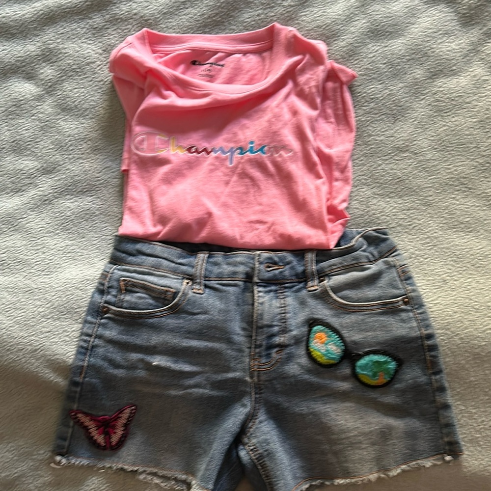 Brand new without tags, champion kids shirt with cute jean shorts